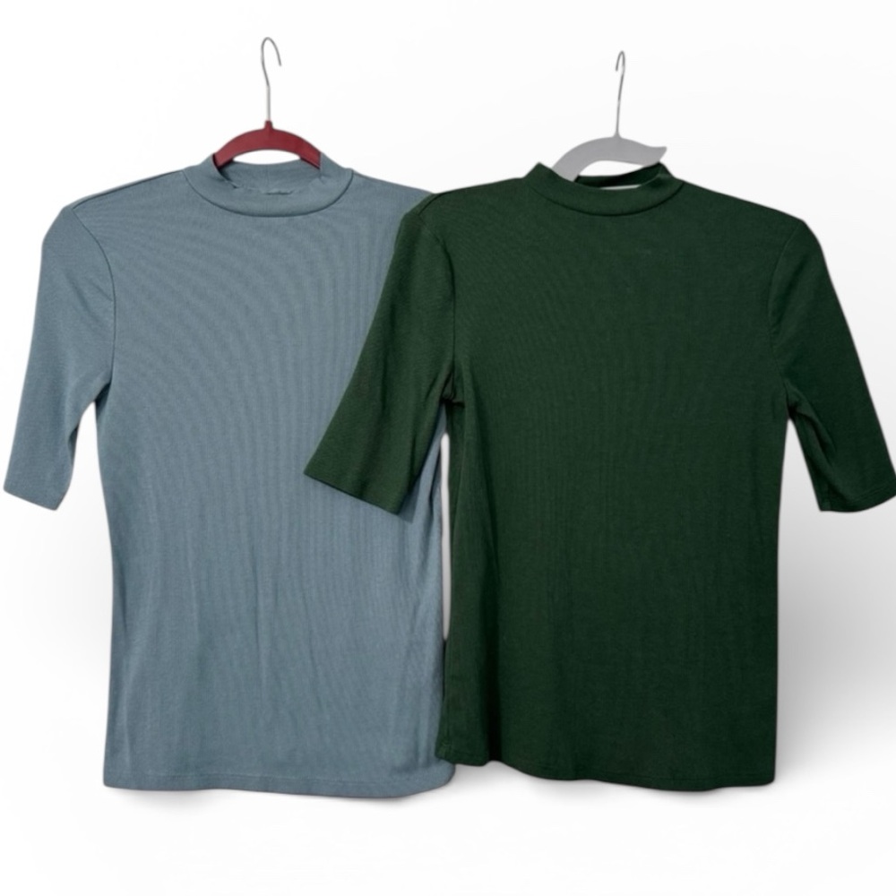 A New Day Ribbed Mock Neck Tops XS | 2-Piece Bundle Blue & Green